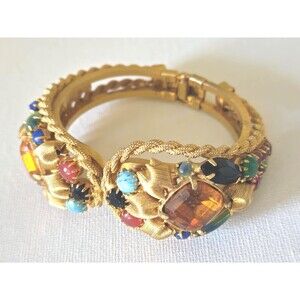 Vintage Marino Attributed Clamper Bracelet | Gold Tone Cat Eye Statement Jewelry